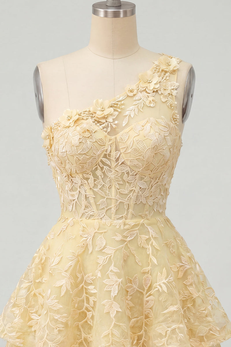 Laden Sie das Bild in den Galerie-Viewer, Buttergelbes Einschulter A-Linie Blumen Kurzes Abendkleid