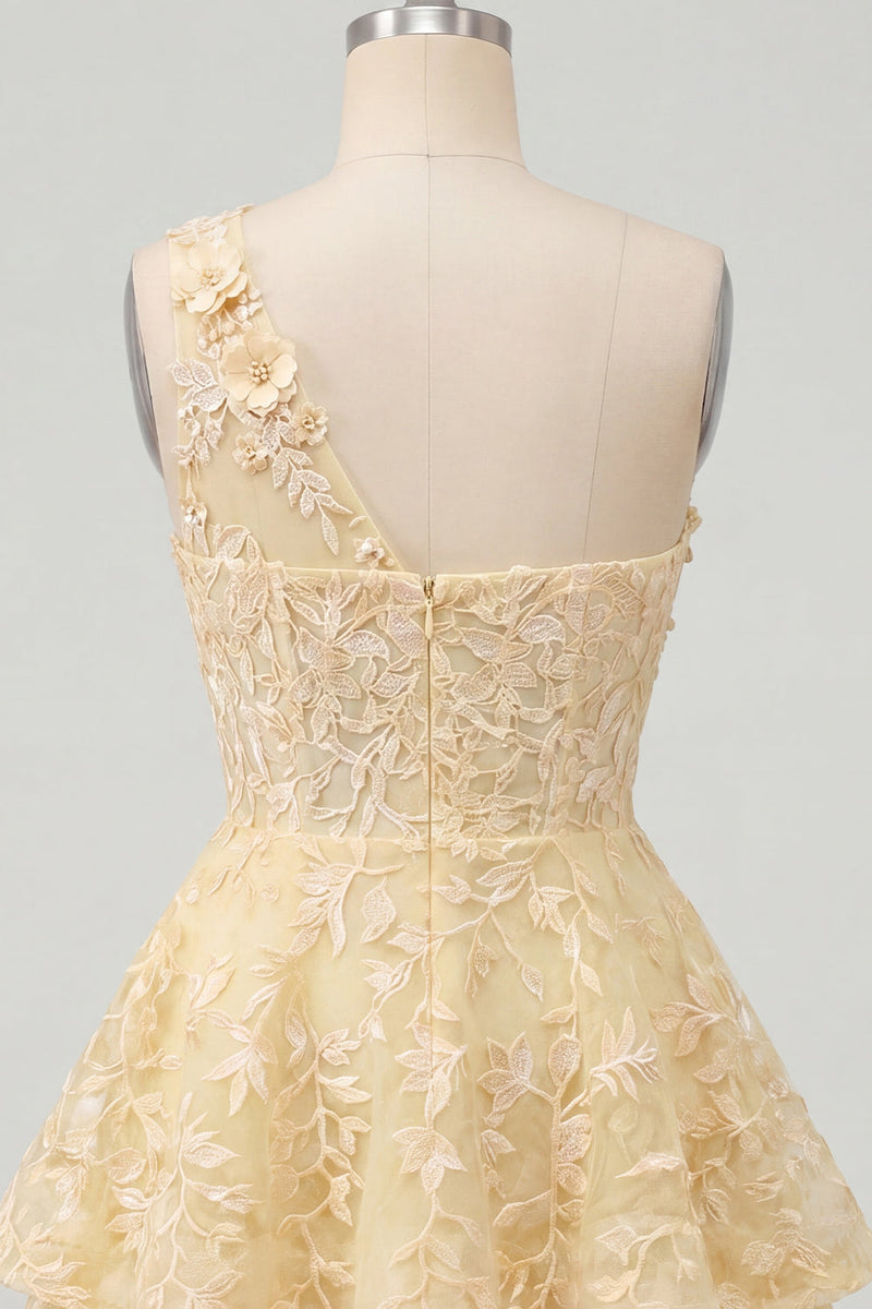 Laden Sie das Bild in den Galerie-Viewer, Buttergelbes Einschulter A-Linie Blumen Kurzes Abendkleid