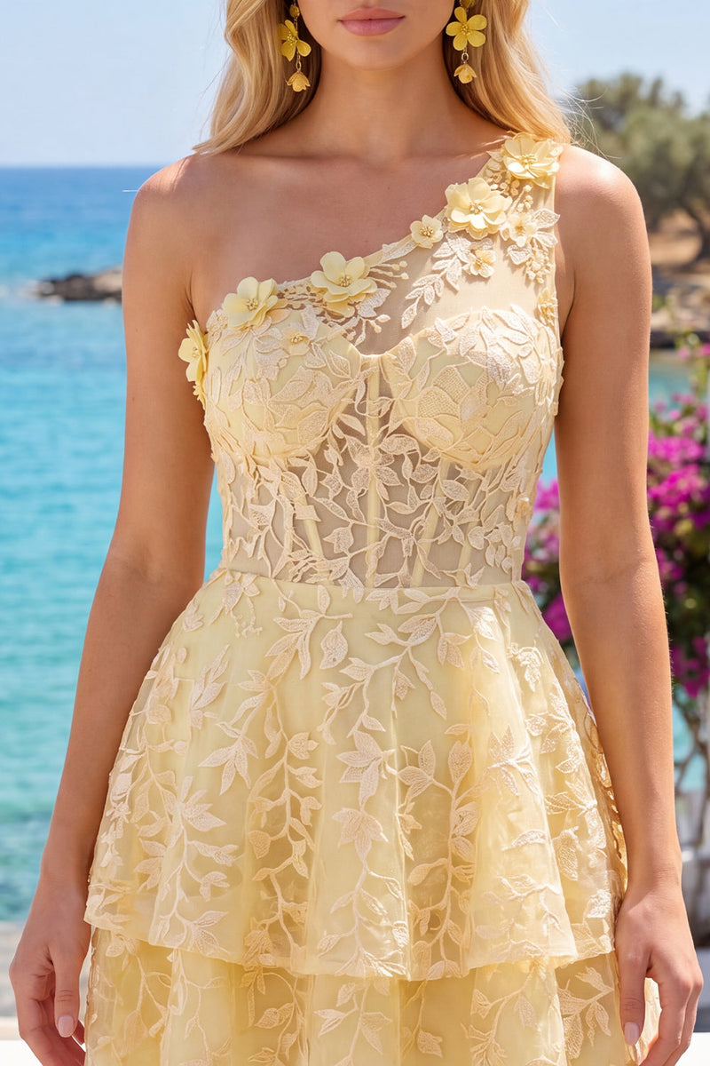 Laden Sie das Bild in den Galerie-Viewer, Buttergelbes Einschulter A-Linie Blumen Kurzes Abendkleid