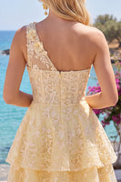 Laden Sie das Bild in den Galerie-Viewer, Buttergelbes Einschulter A-Linie Blumen Kurzes Abendkleid