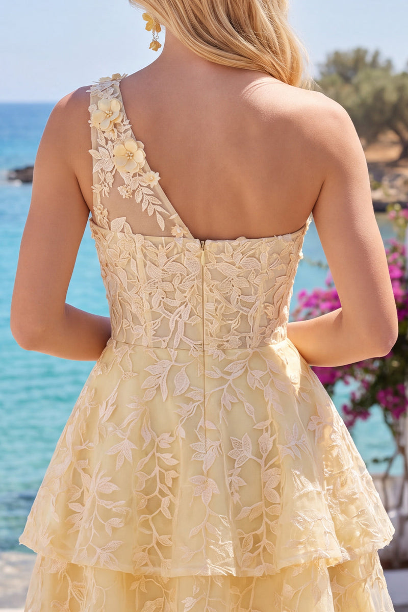 Laden Sie das Bild in den Galerie-Viewer, Buttergelbes Einschulter A-Linie Blumen Kurzes Abendkleid