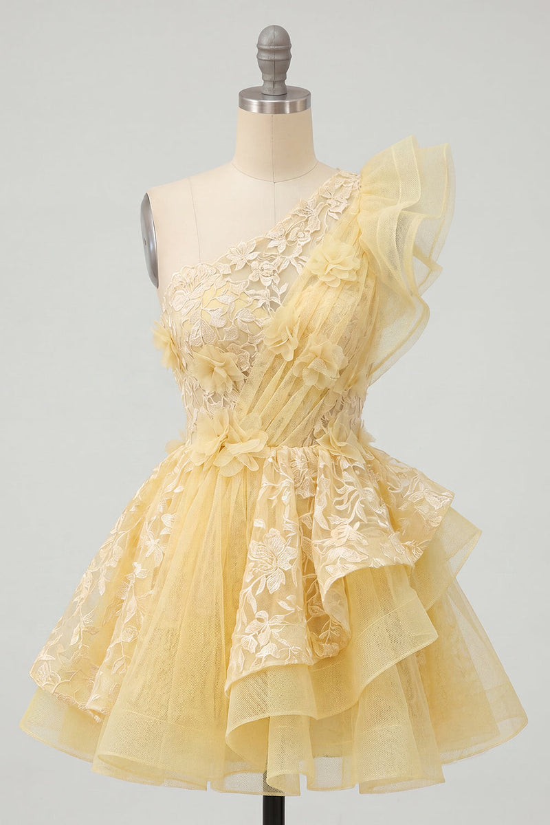Laden Sie das Bild in den Galerie-Viewer, Ein schulter Buttergelbes Rüschendes A-Linie Blumen Kurzes Abendkleid
