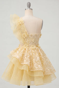 Ein schulter Buttergelbes Rüschendes A-Linie Blumen Kurzes Abendkleid