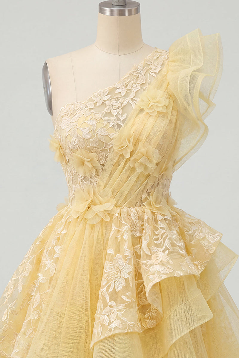 Laden Sie das Bild in den Galerie-Viewer, Ein schulter Buttergelbes Rüschendes A-Linie Blumen Kurzes Abendkleid