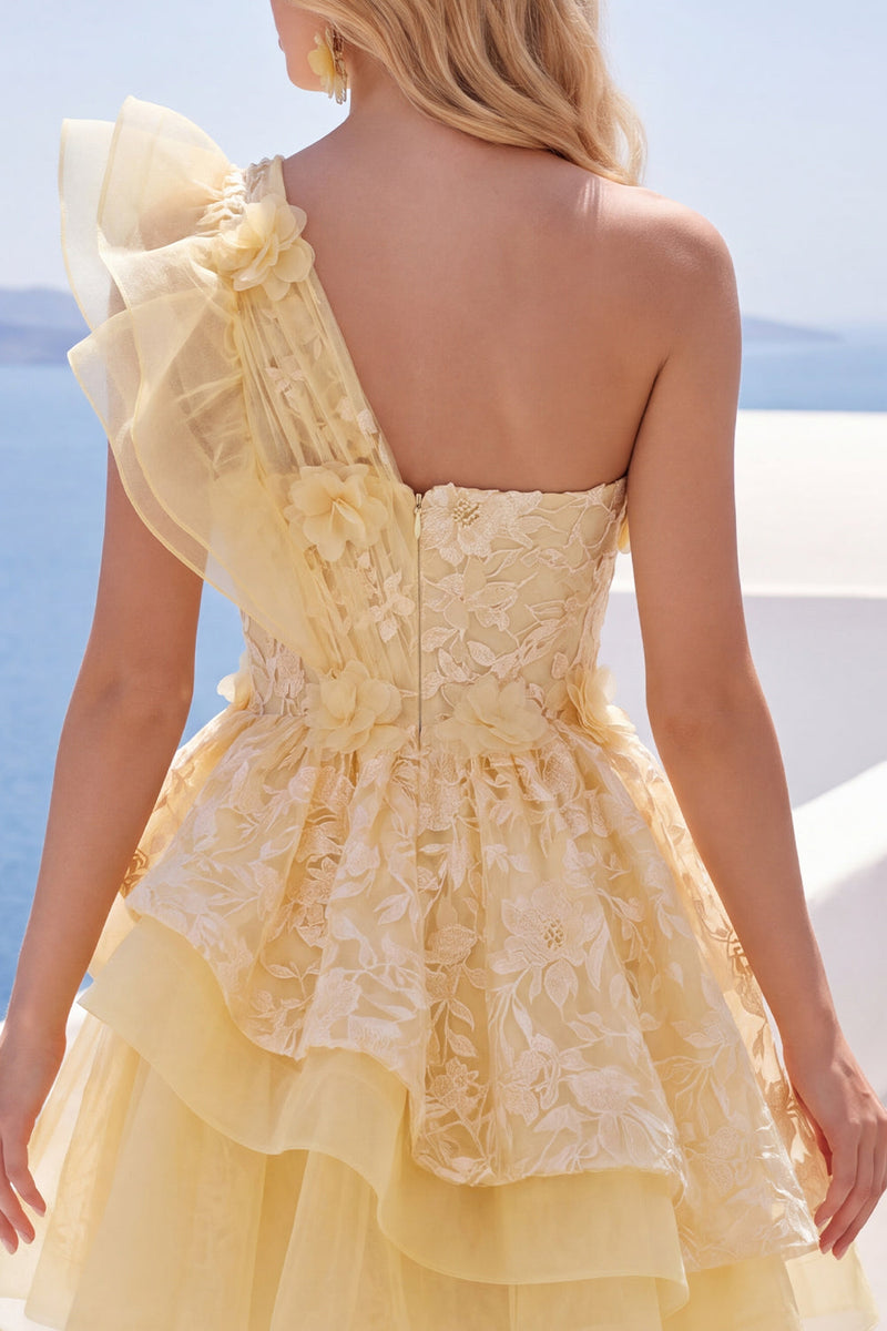 Laden Sie das Bild in den Galerie-Viewer, Ein schulter Buttergelbes Rüschendes A-Linie Blumen Kurzes Abendkleid