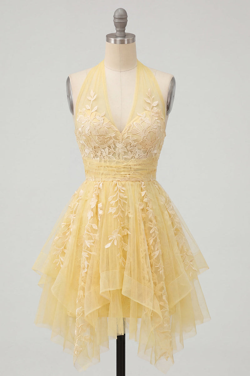 Laden Sie das Bild in den Galerie-Viewer, Buttergelbes A-Linie Halterhals Blumen Kurzes Abendkleid