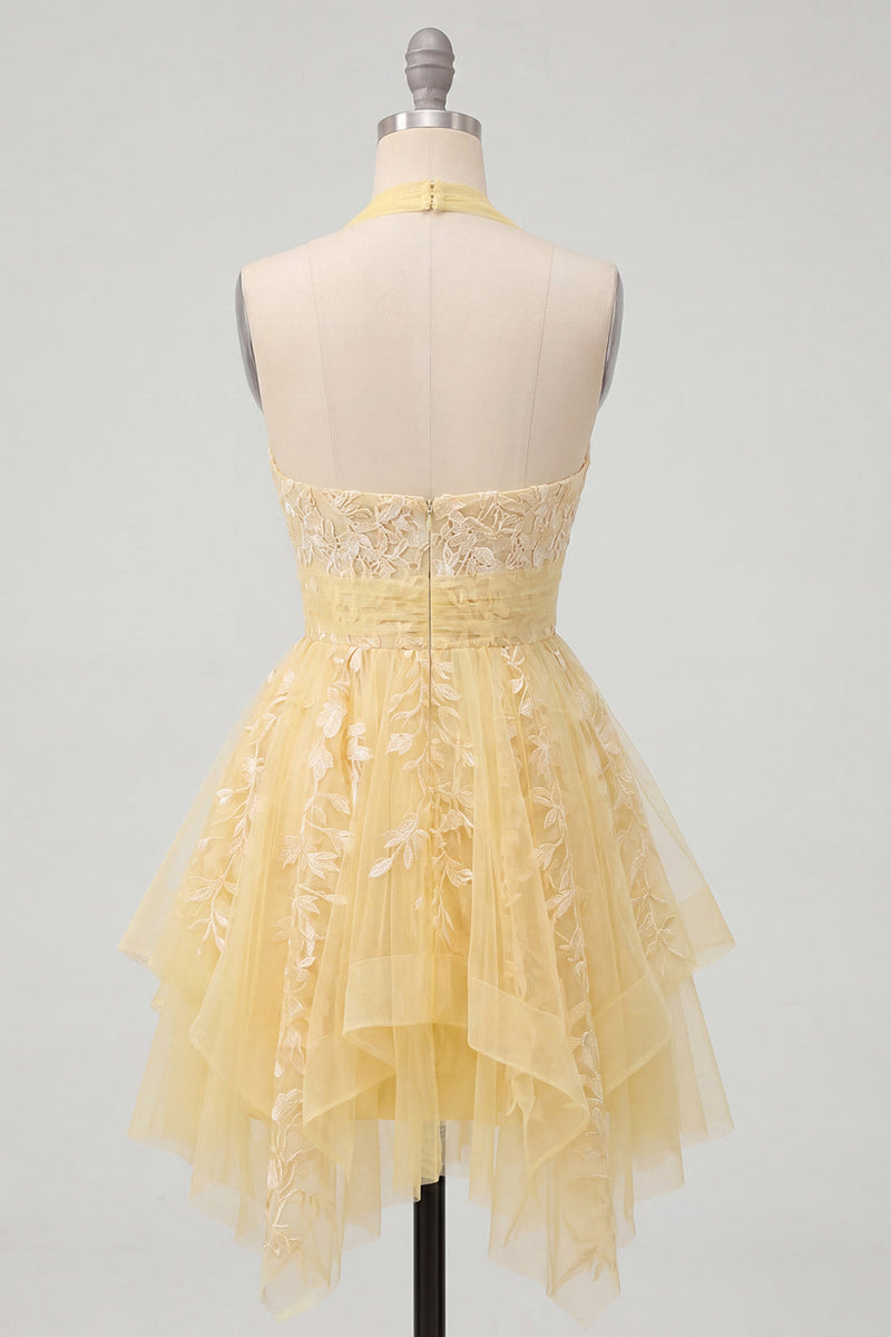 Laden Sie das Bild in den Galerie-Viewer, Buttergelbes A-Linie Halterhals Blumen Kurzes Abendkleid