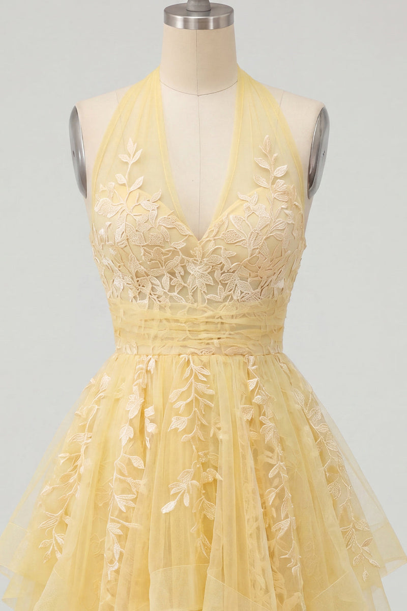 Laden Sie das Bild in den Galerie-Viewer, Buttergelbes A-Linie Halterhals Blumen Kurzes Abendkleid