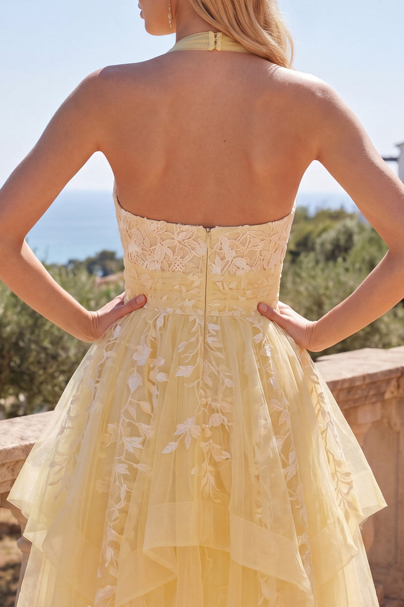 Laden Sie das Bild in den Galerie-Viewer, Buttergelbes A-Linie Halterhals Blumen Kurzes Abendkleid
