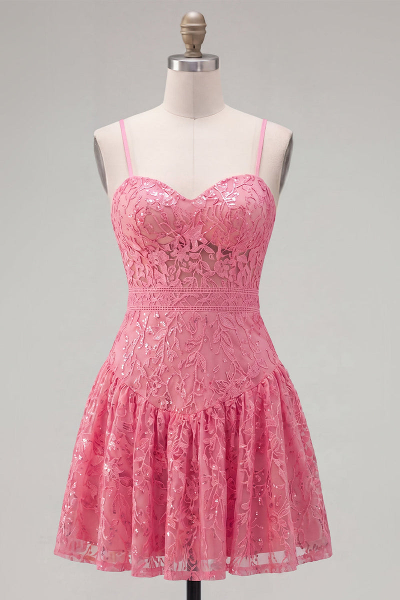 Laden Sie das Bild in den Galerie-Viewer, Knallpinkes A-Linie Spaghetti-Träger Blumen Kurzes Abendkleid mit Schleife