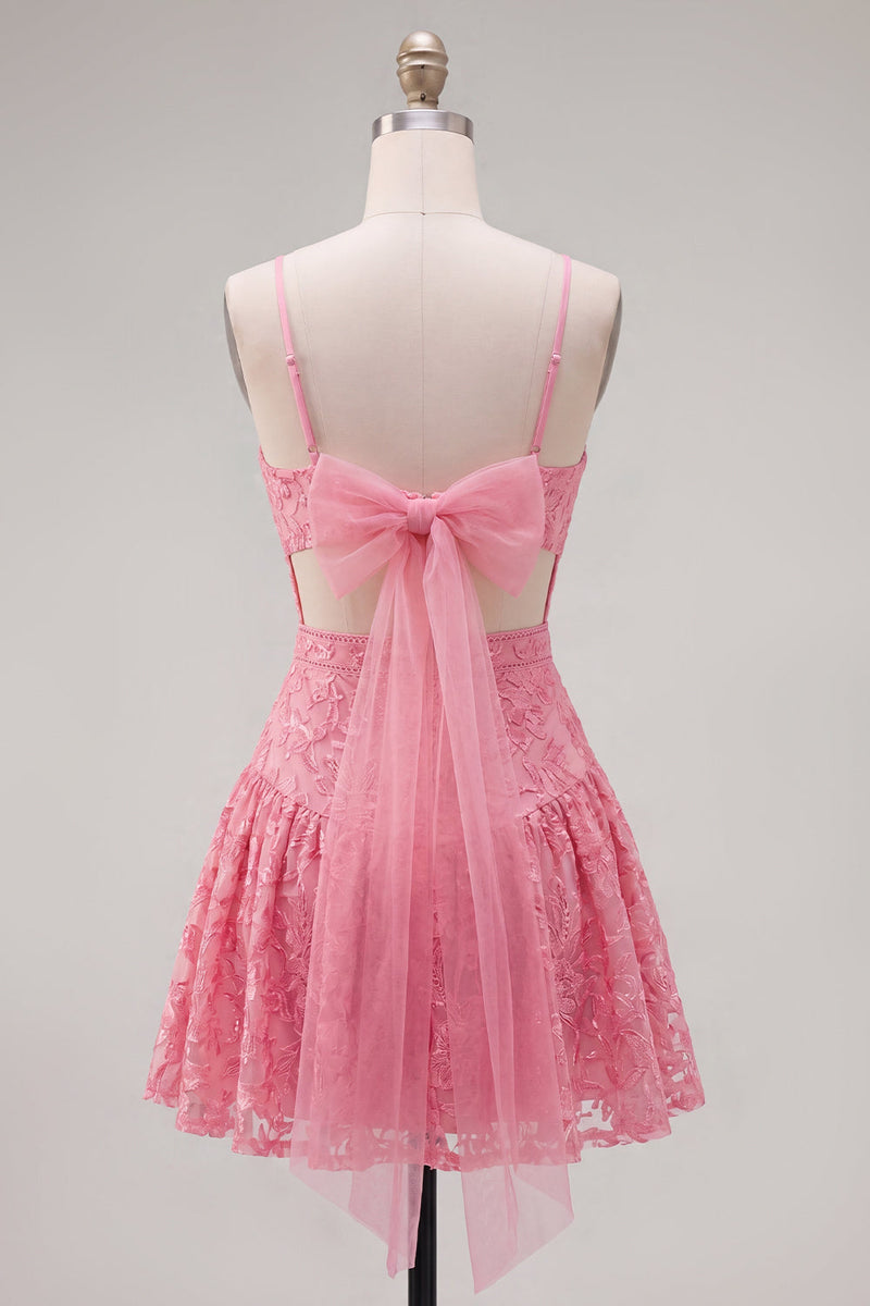 Laden Sie das Bild in den Galerie-Viewer, Knallpinkes A-Linie Spaghetti-Träger Blumen Kurzes Abendkleid mit Schleife