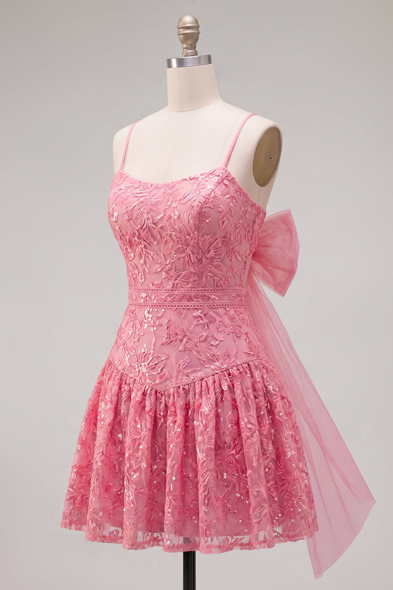 Laden Sie das Bild in den Galerie-Viewer, Knallpinkes A-Linie Spaghetti-Träger Blumen Kurzes Abendkleid mit Schleife