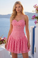 Laden Sie das Bild in den Galerie-Viewer, Knallpinkes A-Linie Spaghetti-Träger Blumen Kurzes Abendkleid mit Schleife
