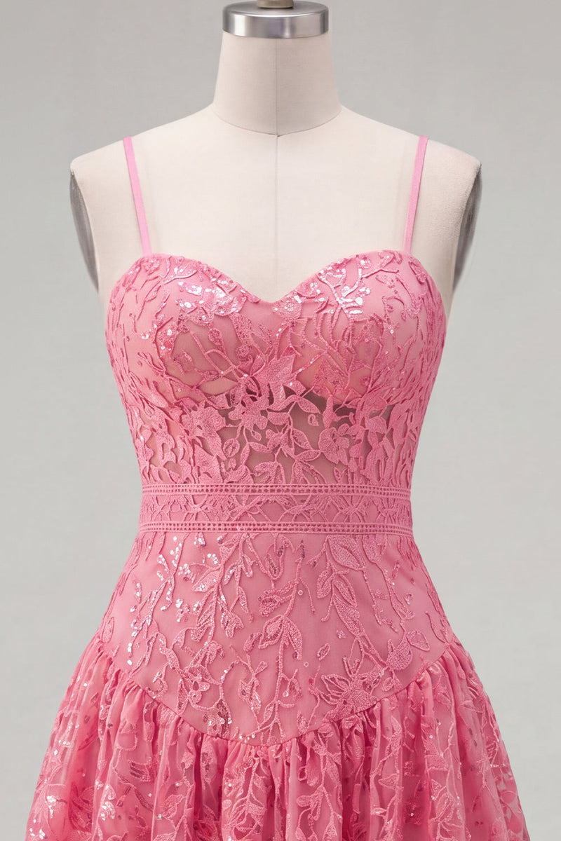Laden Sie das Bild in den Galerie-Viewer, Knallpinkes A-Linie Spaghetti-Träger Blumen Kurzes Abendkleid mit Schleife