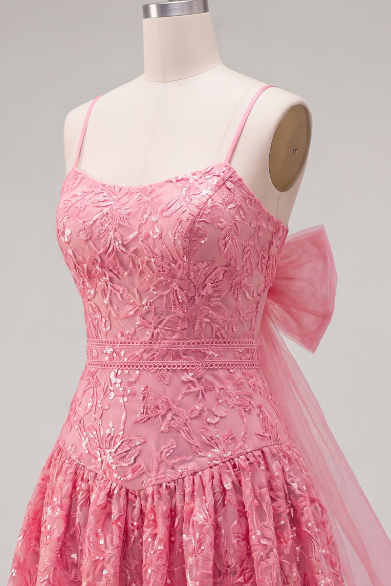 Laden Sie das Bild in den Galerie-Viewer, Knallpinkes A-Linie Spaghetti-Träger Blumen Kurzes Abendkleid mit Schleife
