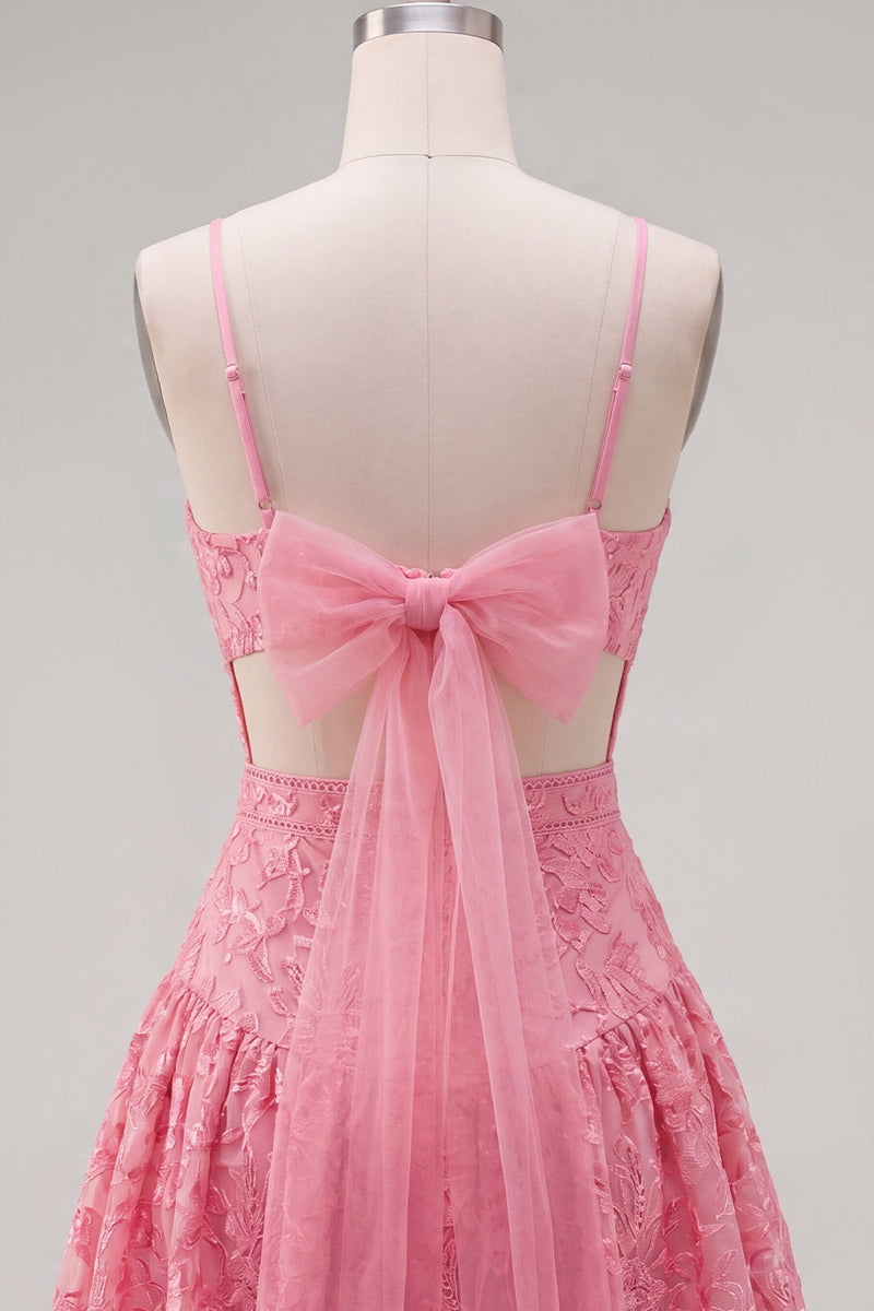 Laden Sie das Bild in den Galerie-Viewer, Knallpinkes A-Linie Spaghetti-Träger Blumen Kurzes Abendkleid mit Schleife