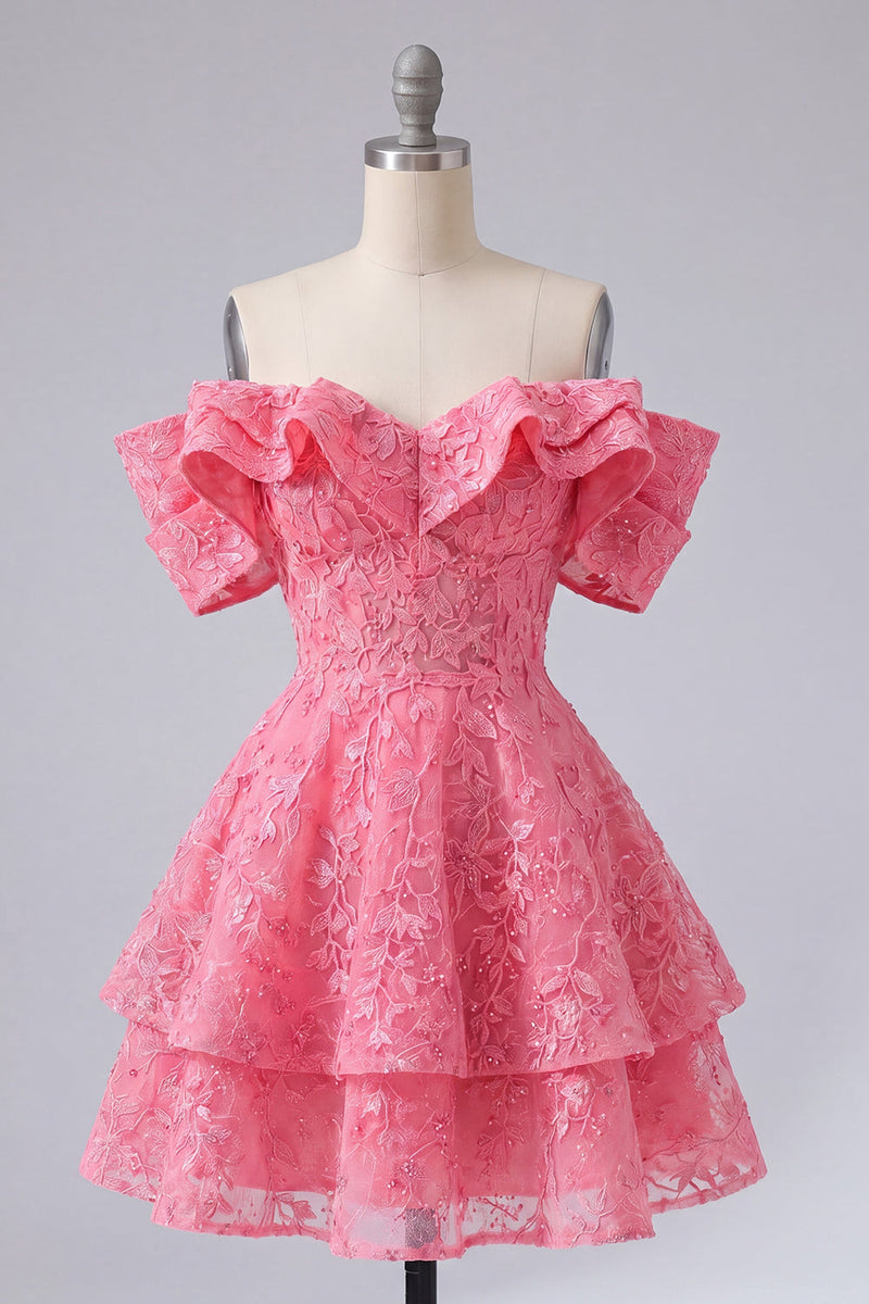 Laden Sie das Bild in den Galerie-Viewer, Schulterloses Knallpinkes A-Linie Blumen Kurzes Abendkleid mit Rüschen und Perlen