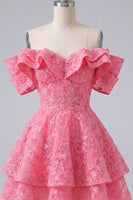 Laden Sie das Bild in den Galerie-Viewer, Schulterloses Knallpinkes A-Linie Blumen Kurzes Abendkleid mit Rüschen und Perlen