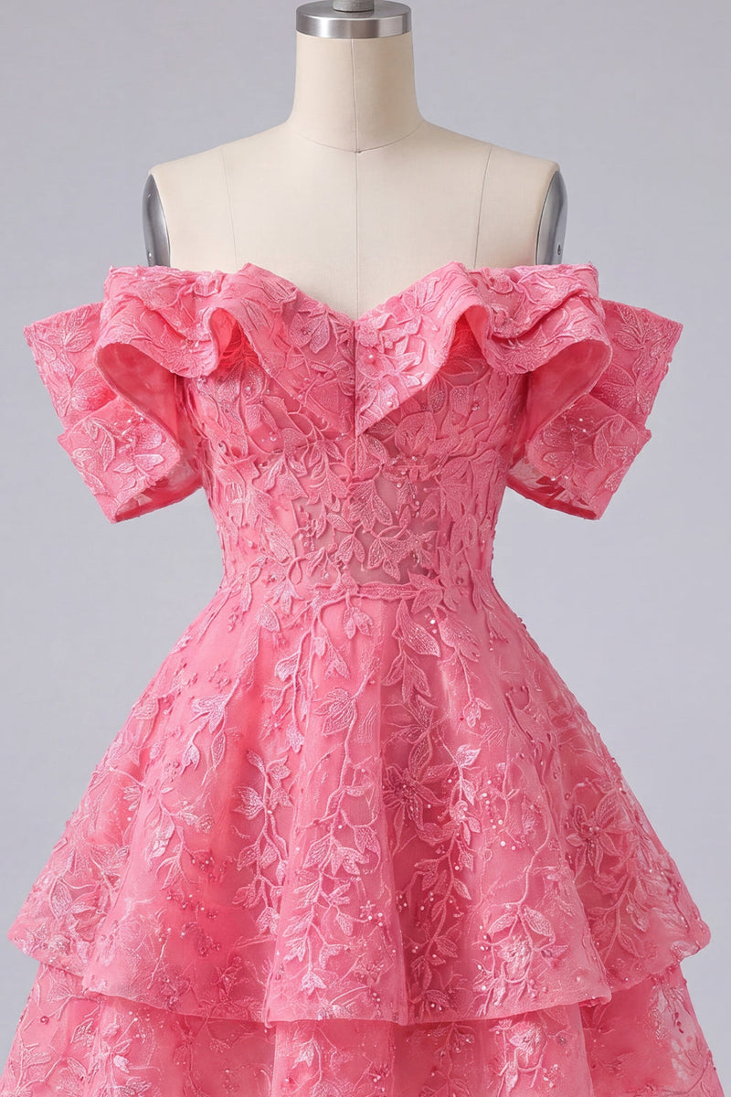 Laden Sie das Bild in den Galerie-Viewer, Schulterloses Knallpinkes A-Linie Blumen Kurzes Abendkleid mit Rüschen und Perlen