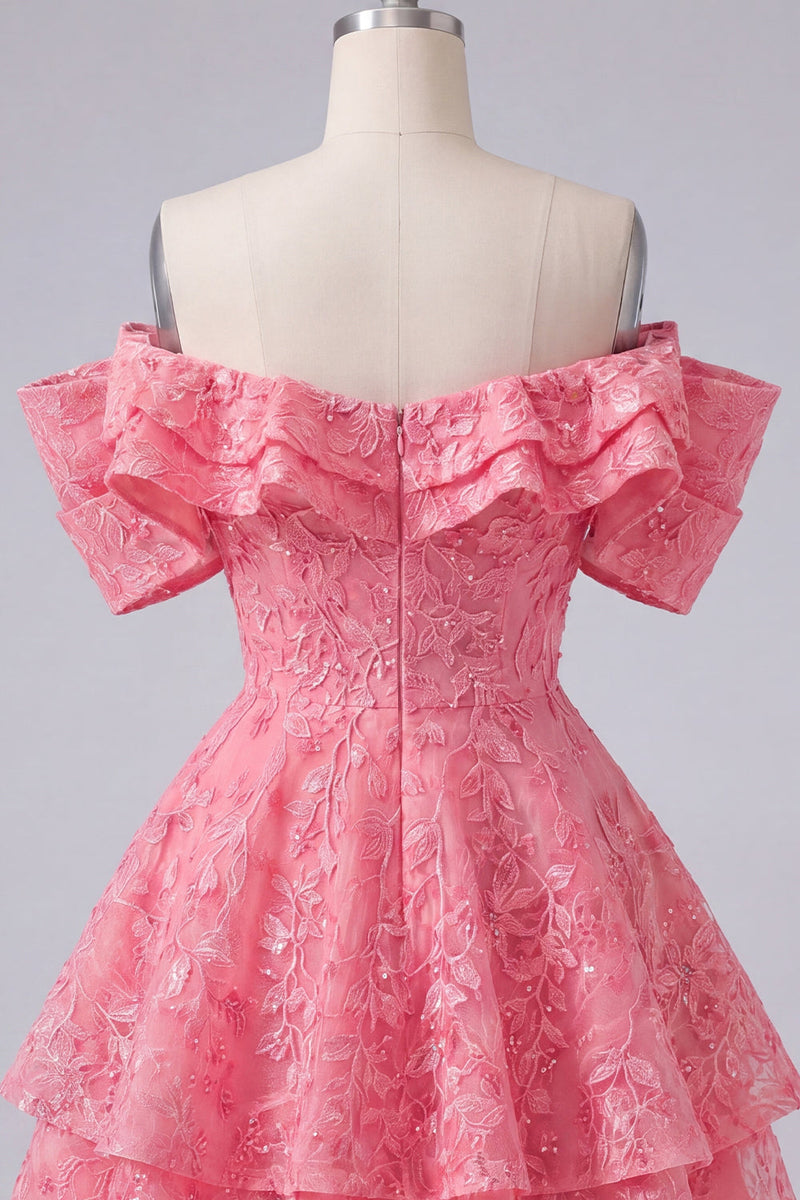 Laden Sie das Bild in den Galerie-Viewer, Schulterloses Knallpinkes A-Linie Blumen Kurzes Abendkleid mit Rüschen und Perlen