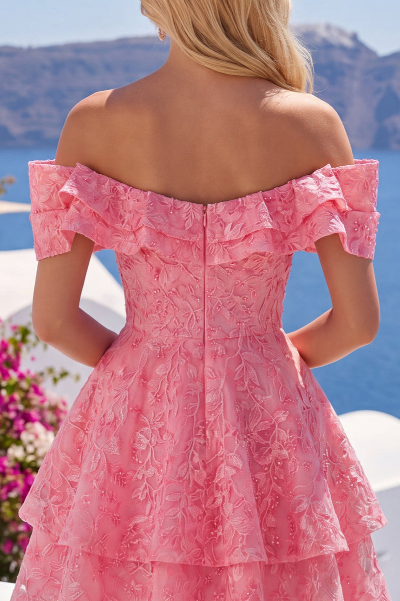 Laden Sie das Bild in den Galerie-Viewer, Schulterloses Knallpinkes A-Linie Blumen Kurzes Abendkleid mit Rüschen und Perlen