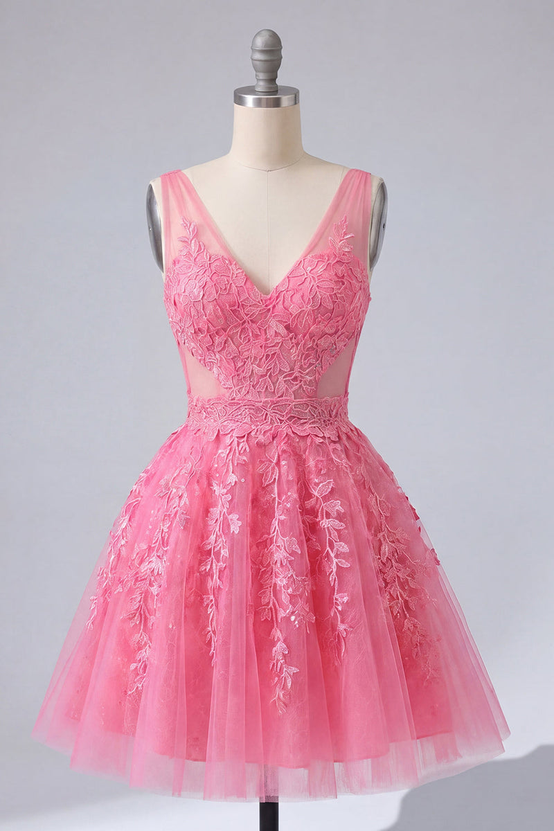 Laden Sie das Bild in den Galerie-Viewer, A-Linie Knallpinkes Blumiges V-Ausschnitt Tüll Kurzes Abendkleid