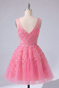 A-Linie Knallpinkes Blumiges V-Ausschnitt Tüll Kurzes Abendkleid