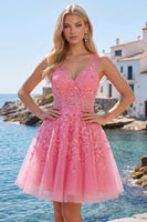 Laden Sie das Bild in den Galerie-Viewer, A-Linie Knallpinkes Blumiges V-Ausschnitt Tüll Kurzes Abendkleid