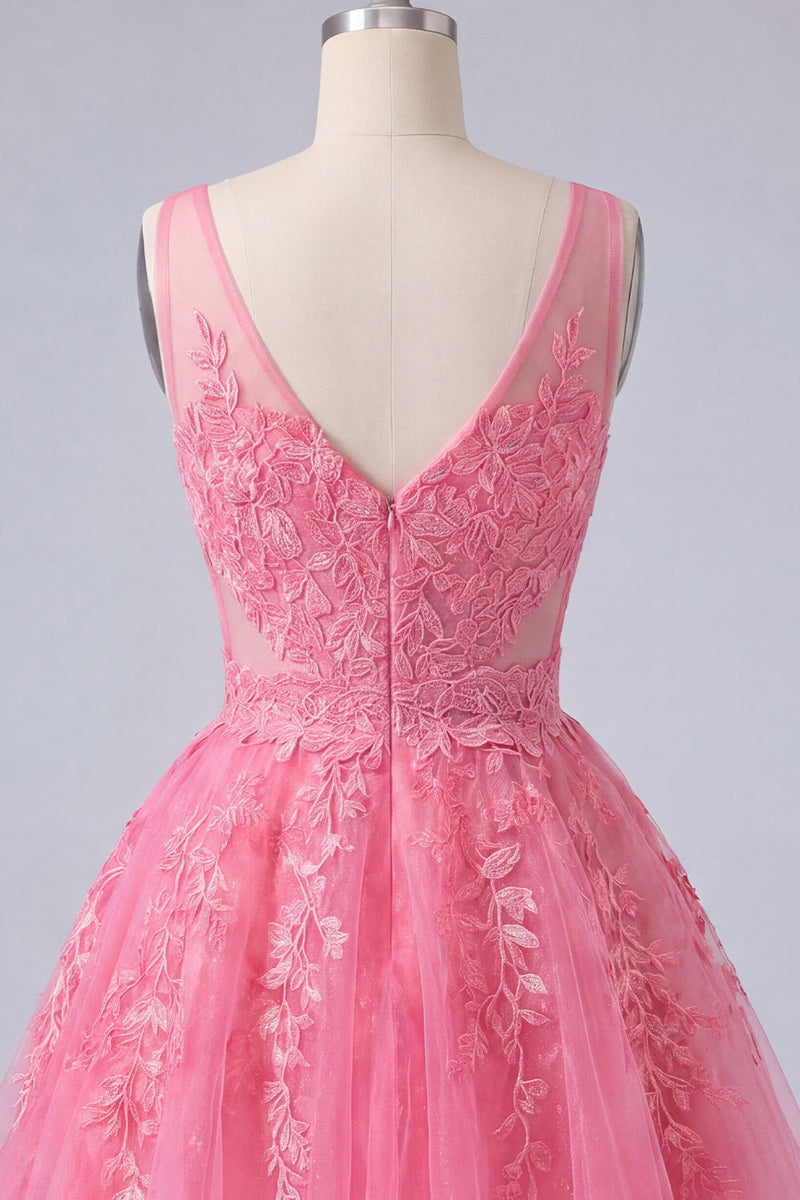 Laden Sie das Bild in den Galerie-Viewer, A-Linie Knallpinkes Blumiges V-Ausschnitt Tüll Kurzes Abendkleid