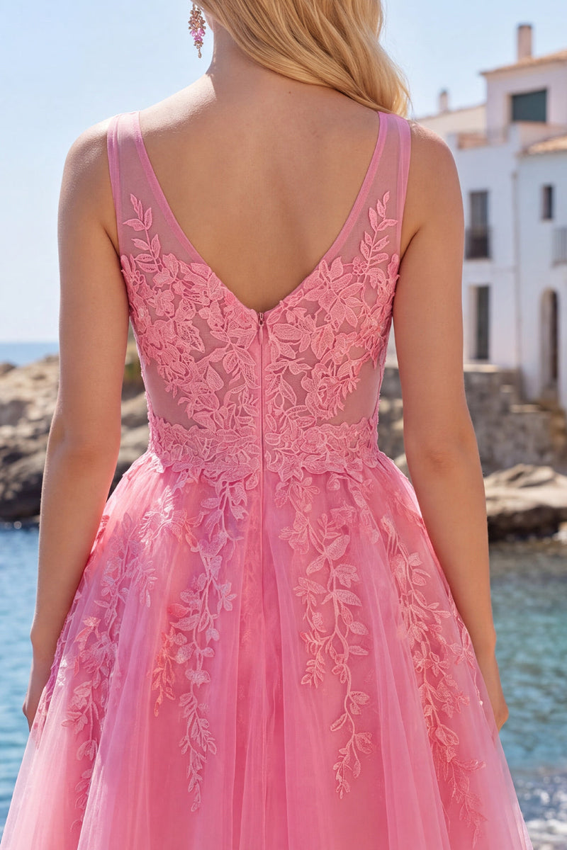 Laden Sie das Bild in den Galerie-Viewer, A-Linie Knallpinkes Blumiges V-Ausschnitt Tüll Kurzes Abendkleid