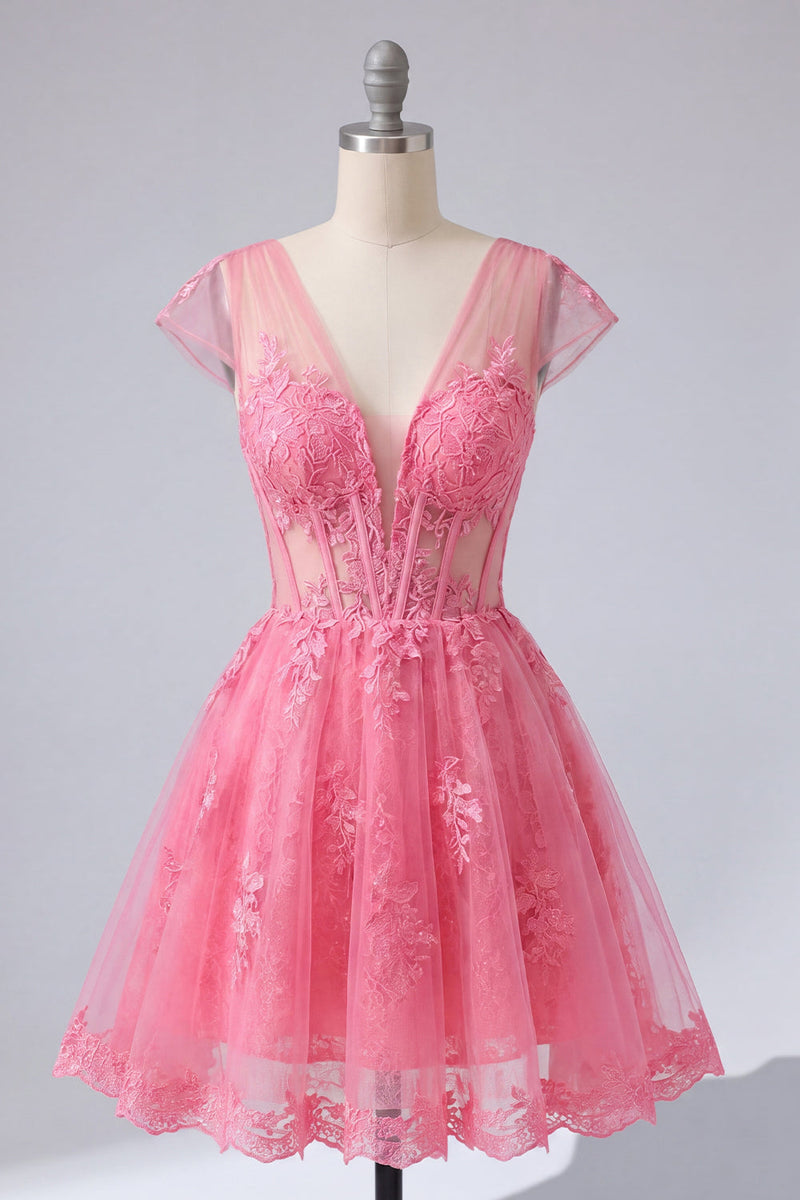 Laden Sie das Bild in den Galerie-Viewer, Knallpinkes Blumiges A-Linie V-Ausschnitt Tüll Korsett Kurzes Abendkleid mit Mützeärmeln