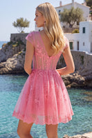 Laden Sie das Bild in den Galerie-Viewer, Knallpinkes Blumiges A-Linie V-Ausschnitt Tüll Korsett Kurzes Abendkleid mit Mützeärmeln