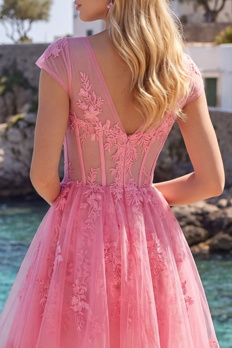 Laden Sie das Bild in den Galerie-Viewer, Knallpinkes Blumiges A-Linie V-Ausschnitt Tüll Korsett Kurzes Abendkleid mit Mützeärmeln