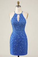 Laden Sie das Bild in den Galerie-Viewer, Königsblaues Floral Bodycon Halterhals Kurzes Abendkleid mit Perlen