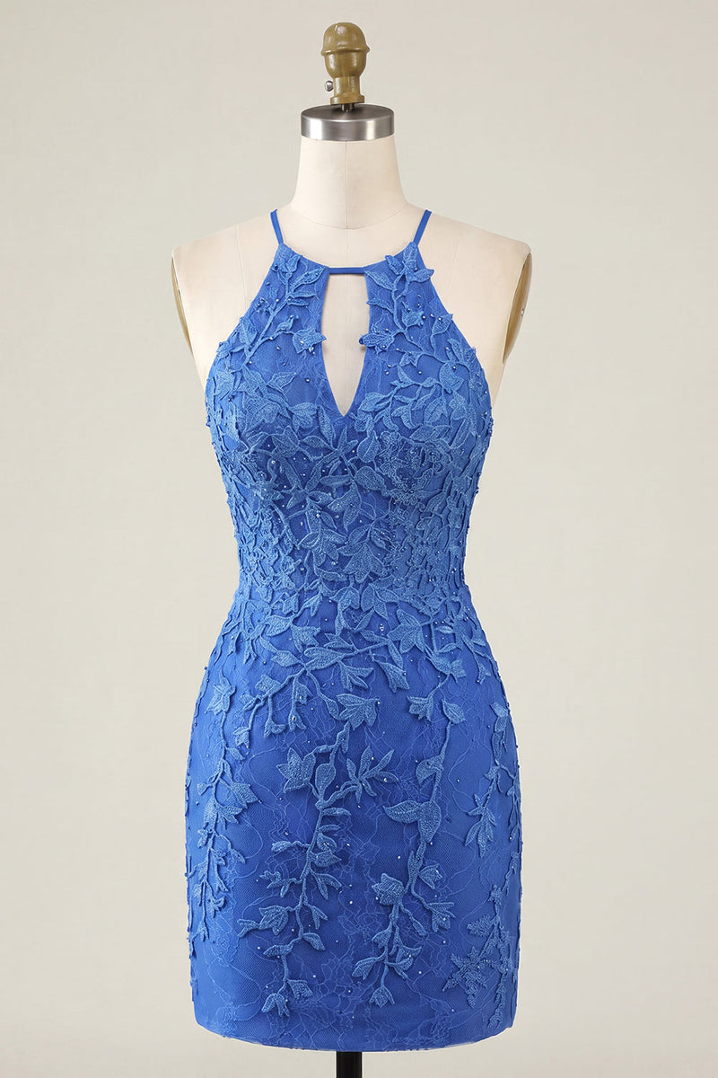 Laden Sie das Bild in den Galerie-Viewer, Königsblaues Floral Bodycon Halterhals Kurzes Abendkleid mit Perlen