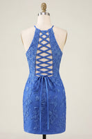 Laden Sie das Bild in den Galerie-Viewer, Königsblaues Floral Bodycon Halterhals Kurzes Abendkleid mit Perlen