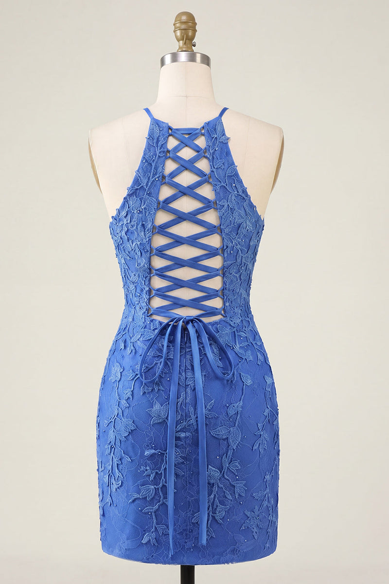 Laden Sie das Bild in den Galerie-Viewer, Königsblaues Floral Bodycon Halterhals Kurzes Abendkleid mit Perlen