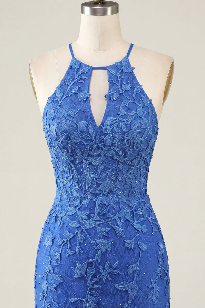 Laden Sie das Bild in den Galerie-Viewer, Königsblaues Floral Bodycon Halterhals Kurzes Abendkleid mit Perlen