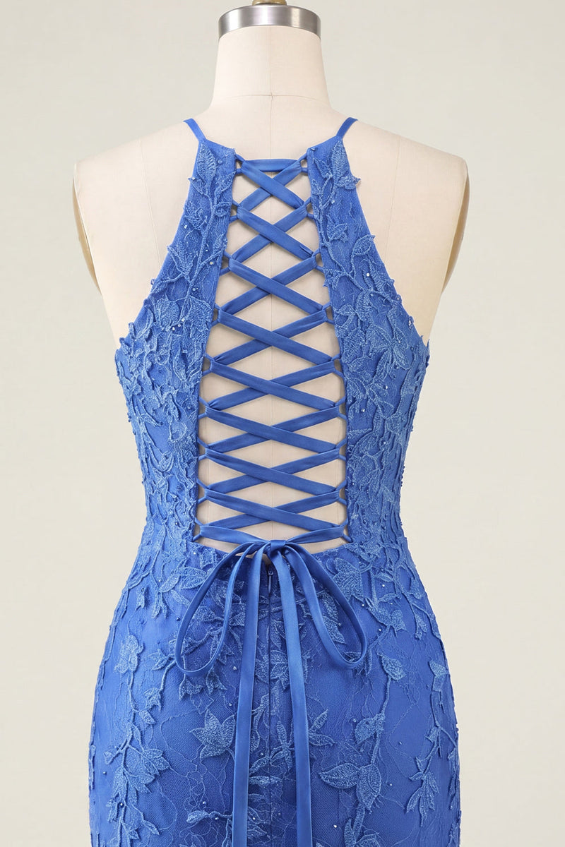 Laden Sie das Bild in den Galerie-Viewer, Königsblaues Floral Bodycon Halterhals Kurzes Abendkleid mit Perlen