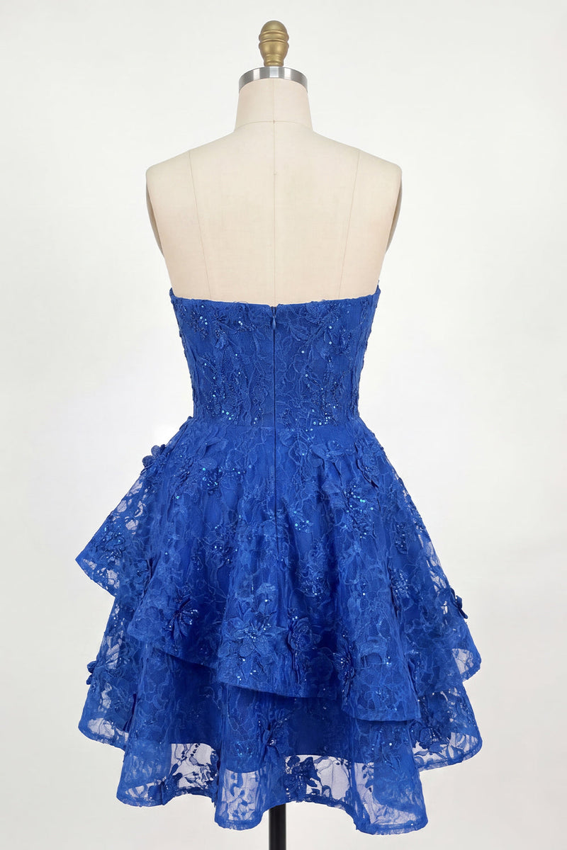 Laden Sie das Bild in den Galerie-Viewer, Königsblaues A-Line Sweetheart Floral Korsett Kurzes Abendkleid mit Schleife