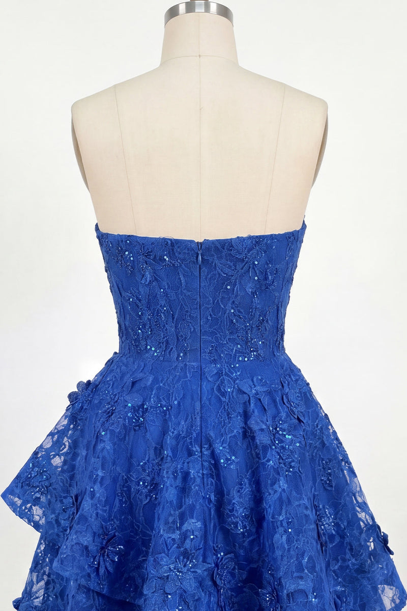 Laden Sie das Bild in den Galerie-Viewer, Königsblaues A-Line Sweetheart Floral Korsett Kurzes Abendkleid mit Schleife