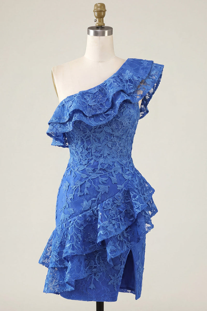 Laden Sie das Bild in den Galerie-Viewer, Einschulter Königsblaues Bodycon Floral Perlen Kurzes Abendkleid mit Rüschen und Schlitz