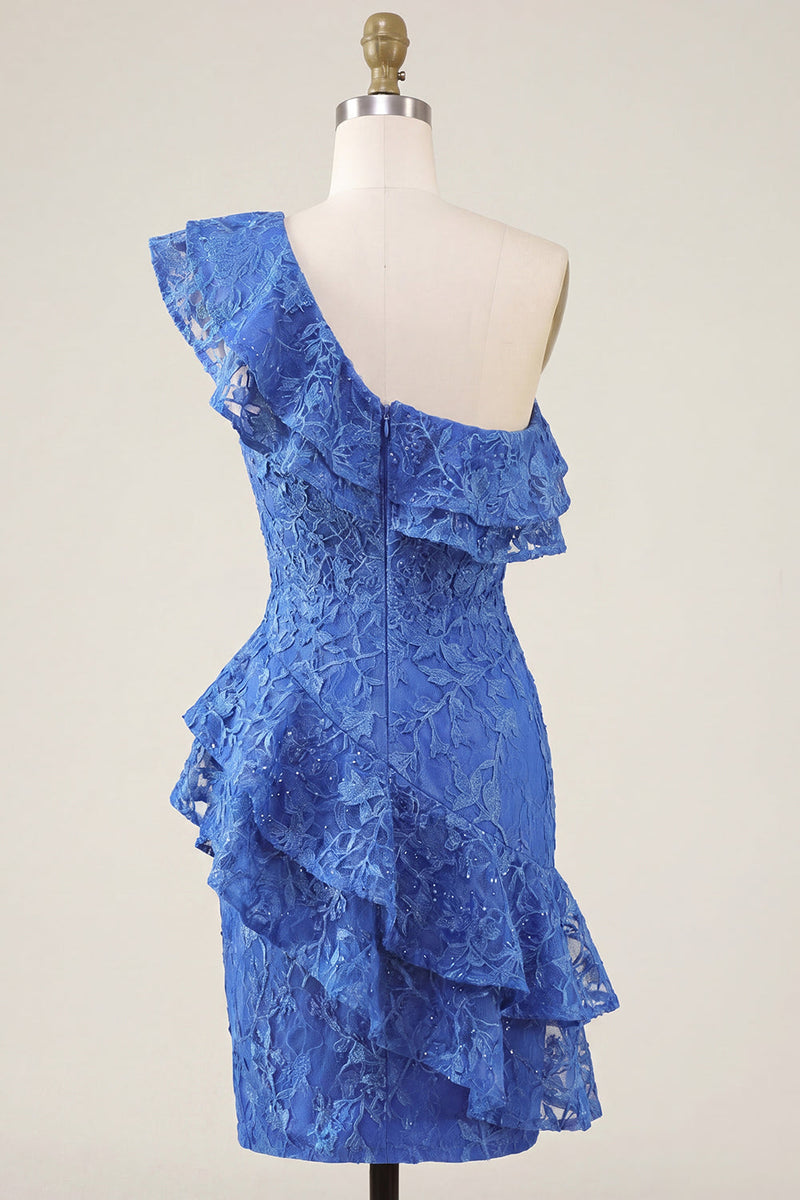 Laden Sie das Bild in den Galerie-Viewer, Einschulter Königsblaues Bodycon Floral Perlen Kurzes Abendkleid mit Rüschen und Schlitz