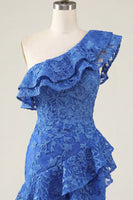 Laden Sie das Bild in den Galerie-Viewer, Einschulter Königsblaues Bodycon Floral Perlen Kurzes Abendkleid mit Rüschen und Schlitz