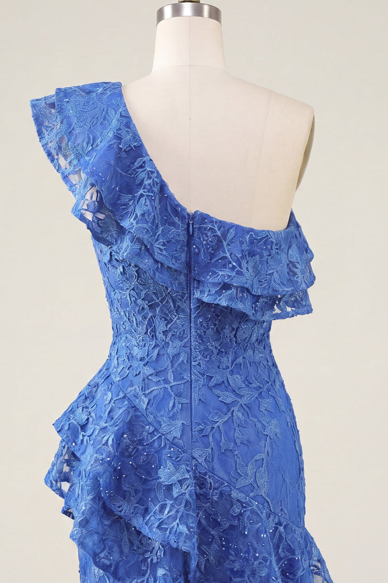 Laden Sie das Bild in den Galerie-Viewer, Einschulter Königsblaues Bodycon Floral Perlen Kurzes Abendkleid mit Rüschen und Schlitz