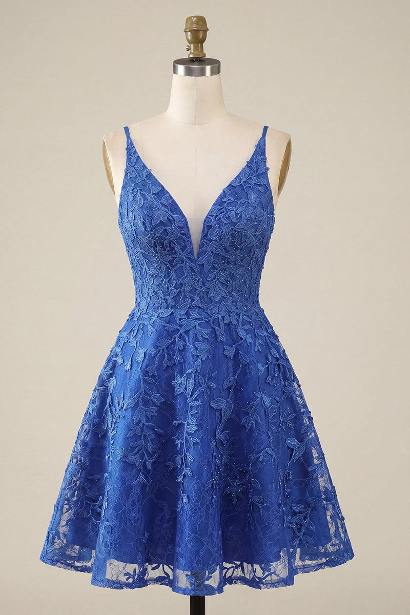 Laden Sie das Bild in den Galerie-Viewer, A-Line Königsblaues Kurzes Abendkleid mit Perlenbesatz und Spaghettiträgern
