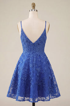 A-Line Königsblaues Kurzes Abendkleid mit Perlenbesatz und Spaghettiträgern