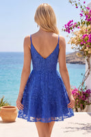 Laden Sie das Bild in den Galerie-Viewer, A-Line Königsblaues Kurzes Abendkleid mit Perlenbesatz und Spaghettiträgern