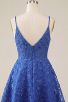 Laden Sie das Bild in den Galerie-Viewer, A-Line Königsblaues Kurzes Abendkleid mit Perlenbesatz und Spaghettiträgern