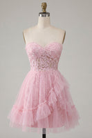 Laden Sie das Bild in den Galerie-Viewer, A-Linie Pink Sweetheart Blumen Kurzes Abendkleid mit Rüschen